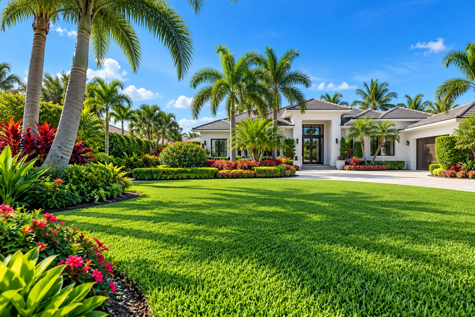 Manicured lawn and tropical landscaping