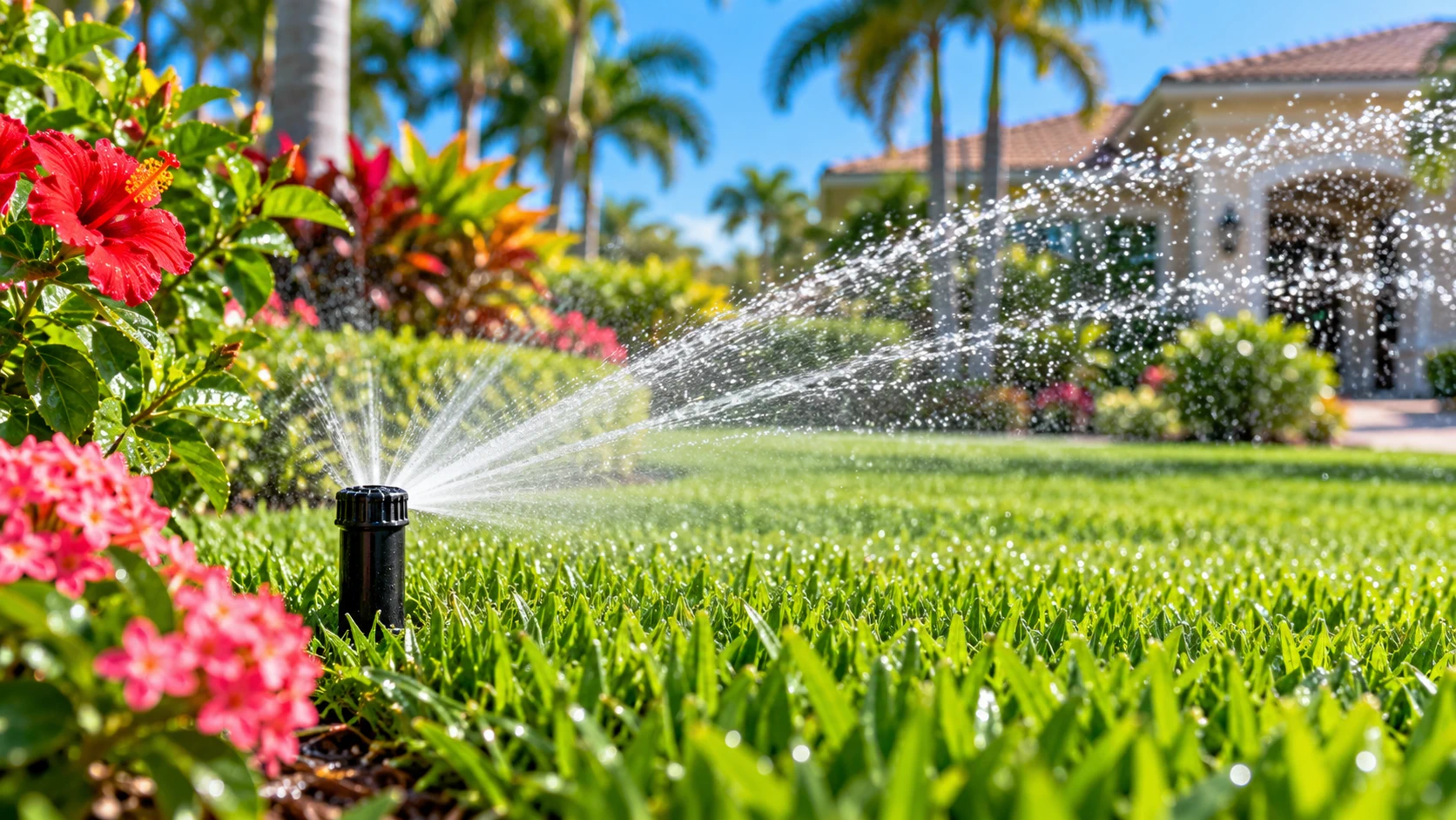 Sprinkler irrigating a green South Florida lawn